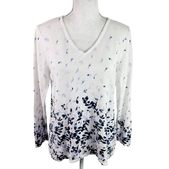 J. Jill Women's M Linen blend Pullover Sweater LS White Navy Multi - Picture 1 of 10